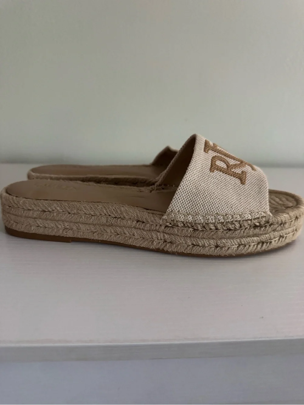 Lauren Ralph Lauren Cream and Tan Canvas Espadrille Slide Sandals